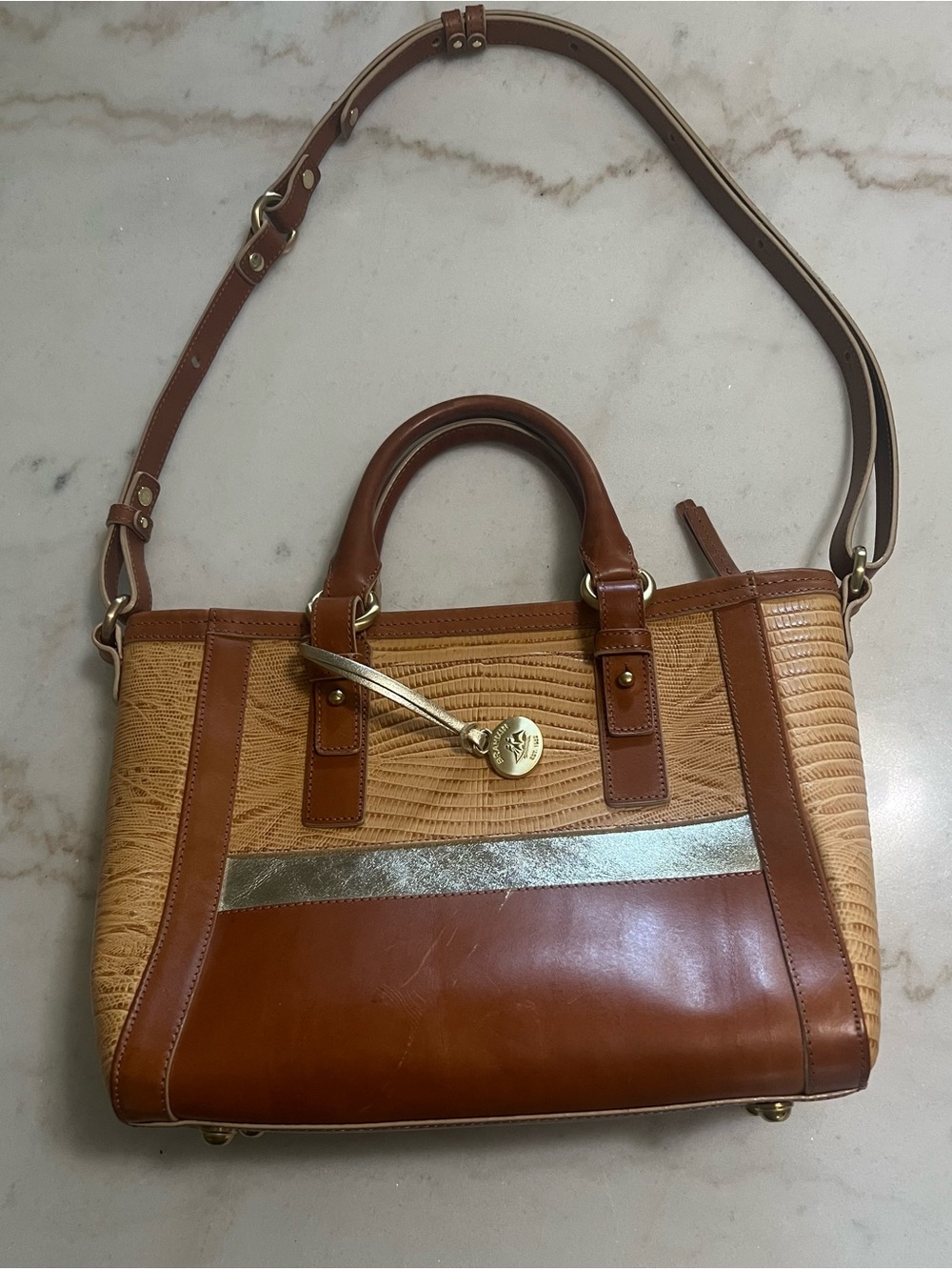 Brahmin Medium Arno Zip Top Tote Bag  Tan Beaumont With Metallic Gold Accents